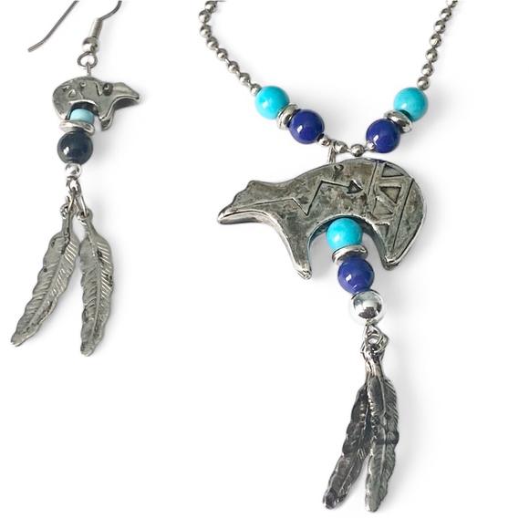 Native American Necklace & Earring Set Silver Bear Feathers Turquoise Blue Beads - Picture 3 of 6